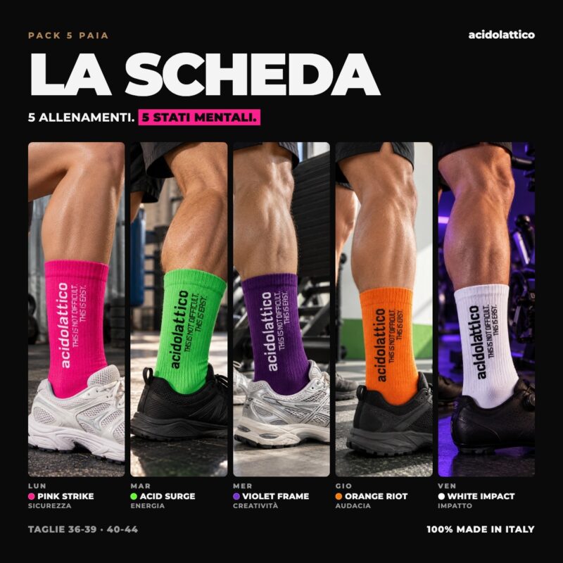 Le 5 calze del pack LA SCHEDA Acidolattico indossate in palestra