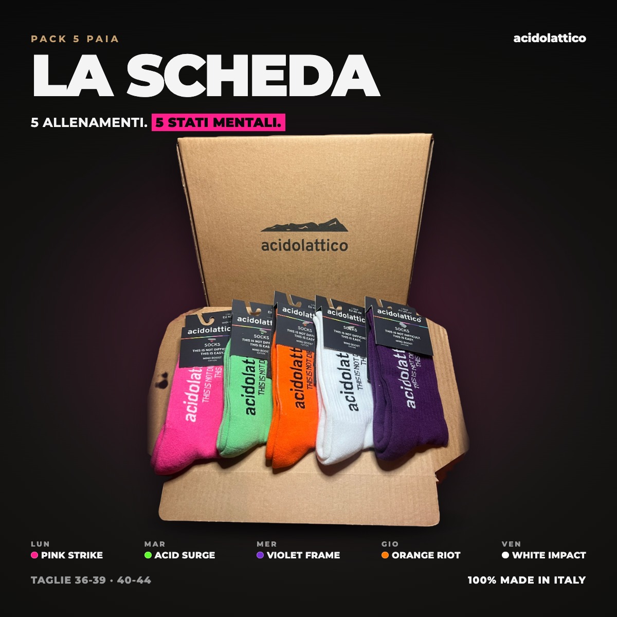 Pack LA SCHEDA Acidolattico: scatola in cartone con 5 paia di calze sportive Pink Strike, Acid Surge, Orange Riot, White Impact e Violet Frame