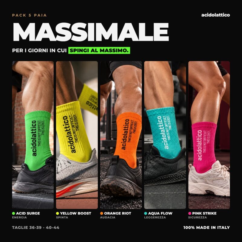 Le 5 calze del pack MASSIMALE Acidolattico indossate in palestra