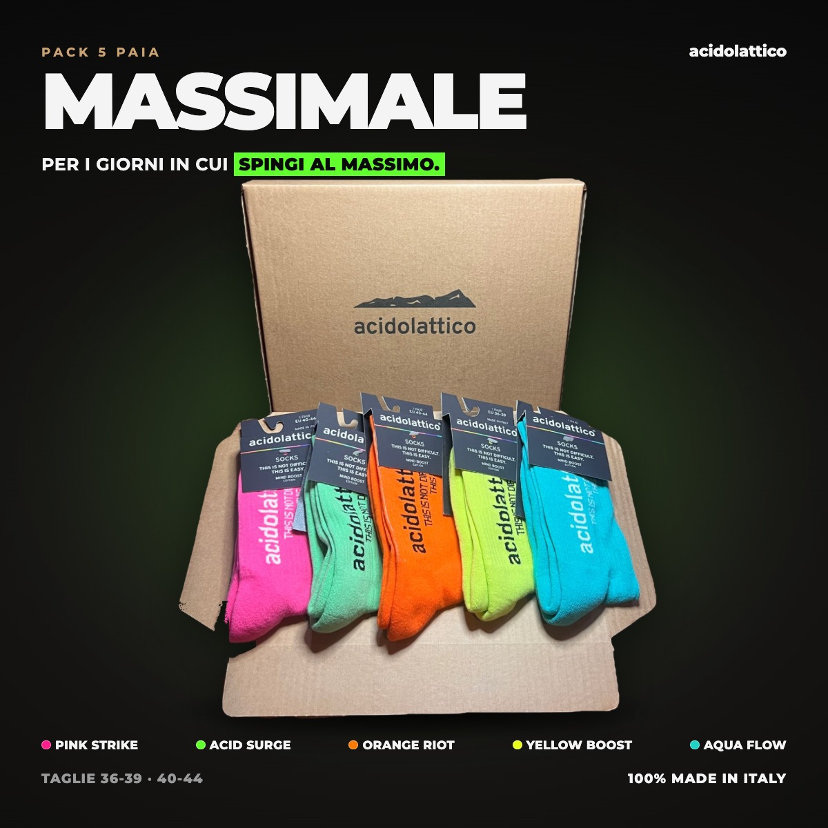 Pack MASSIMALE Acidolattico: scatola in cartone con 5 paia di calze sportive Pink Strike, Acid Surge, Orange Riot, Yellow Boost e Aqua Flow