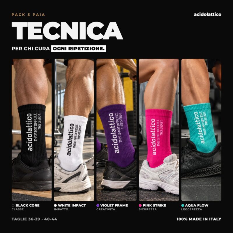 Le 5 calze del pack TECNICA Acidolattico indossate in palestra