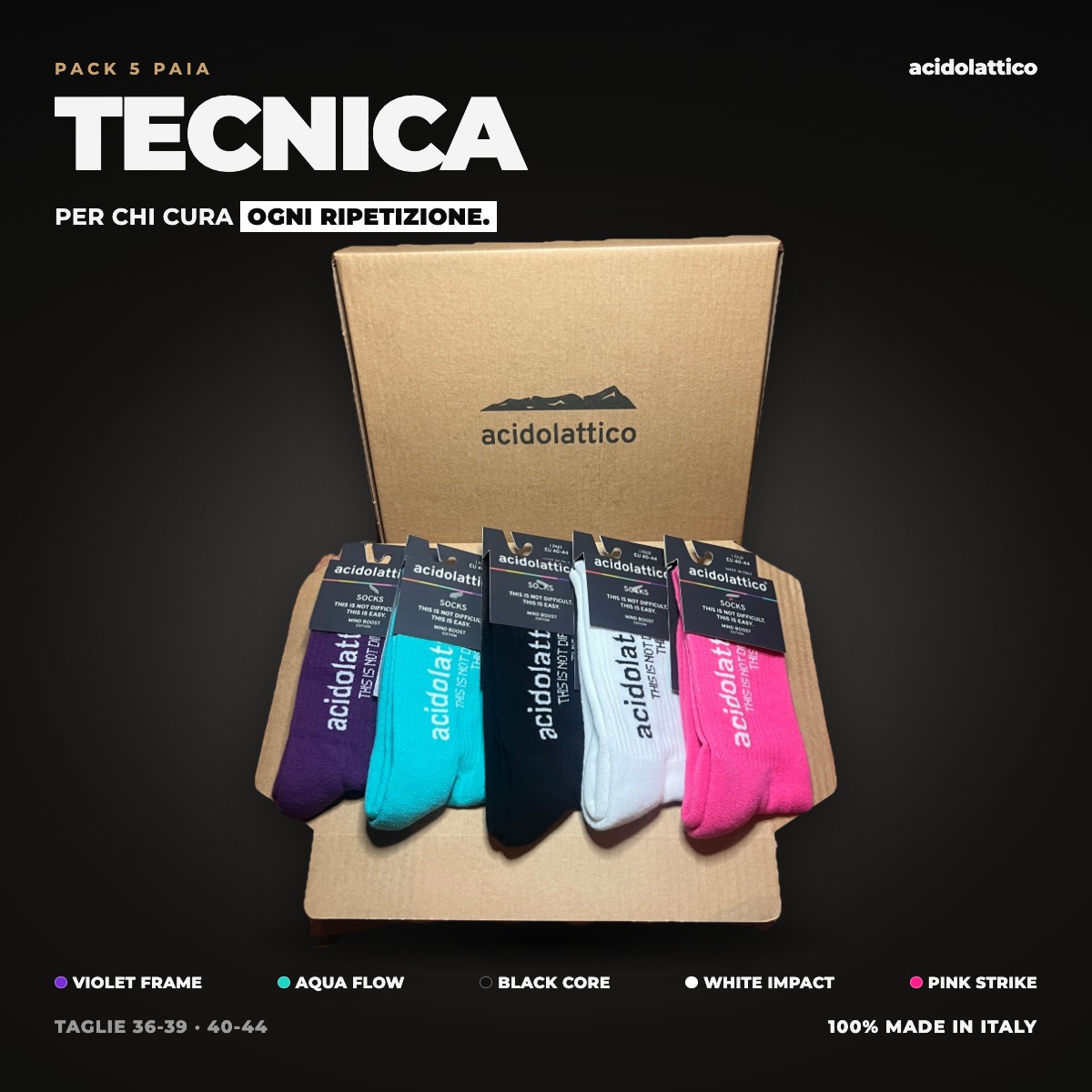 Pack TECNICA Acidolattico: scatola in cartone con 5 paia di calze sportive Violet Frame, Aqua Flow, Black Core, White Impact e Pink Strike